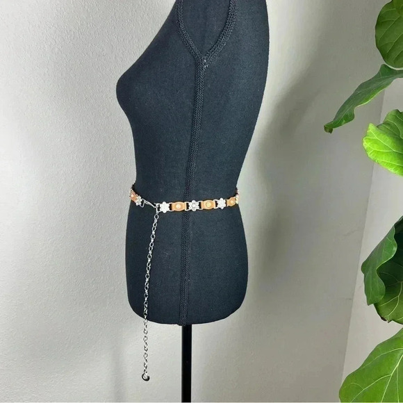 Teen Girl’s Rhinestone Floral Design with Orange Leather Tabs Chainlink Belt - Picture 9 of 12